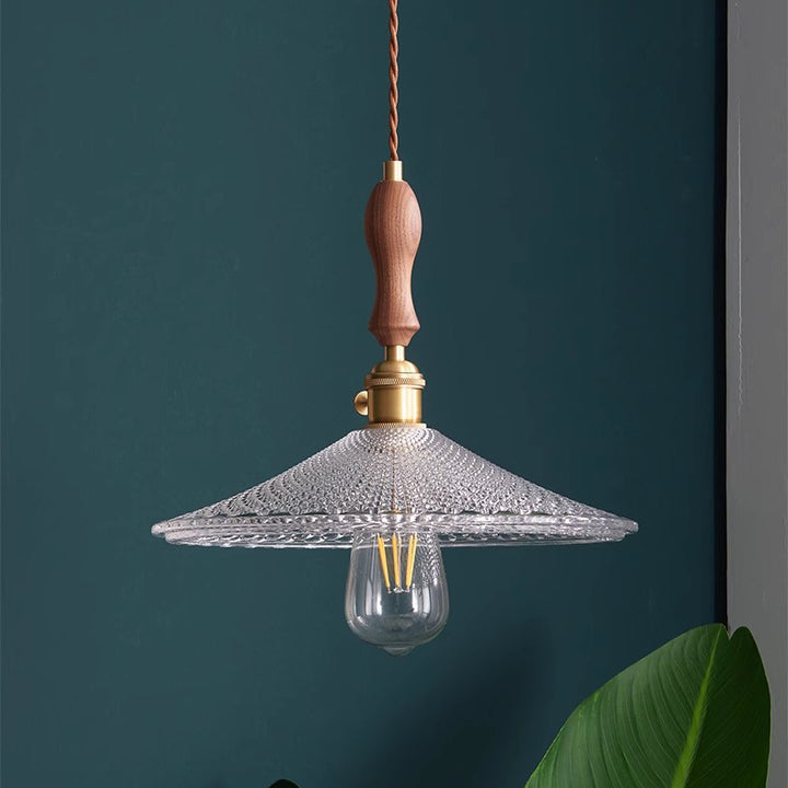 Suspension 1 lumière avec abat-jour en verre, cadre en bois massif et cône rond en laiton traditionnel japonais pour salon 