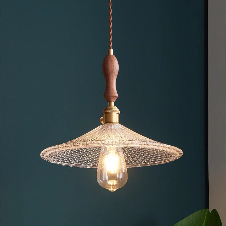 Suspension 1 lumière avec abat-jour en verre, cadre en bois massif et cône rond en laiton traditionnel japonais pour salon 