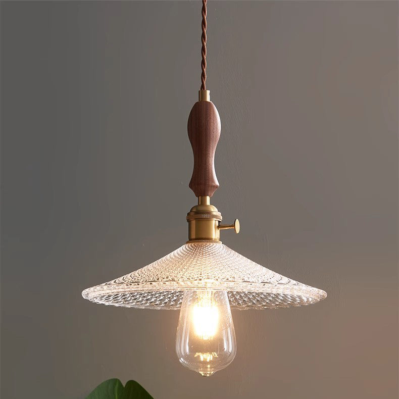 Suspension 1 lumière avec abat-jour en verre, cadre en bois massif et cône rond en laiton traditionnel japonais pour salon 