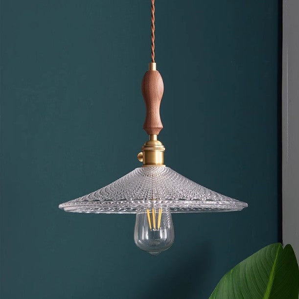 Suspension 1 lumière avec abat-jour en verre, cadre en bois massif et cône rond en laiton traditionnel japonais pour salon 
