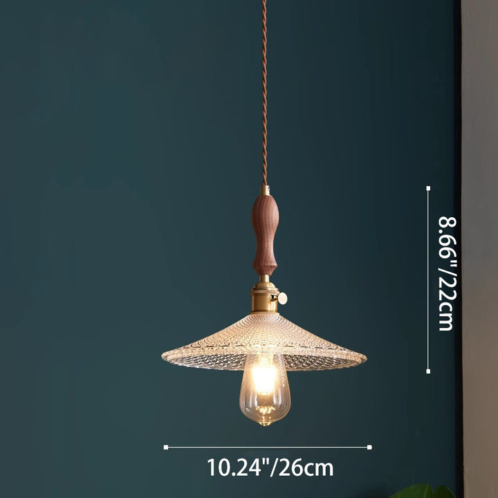 Suspension 1 lumière avec abat-jour en verre, cadre en bois massif et cône rond en laiton traditionnel japonais pour salon 