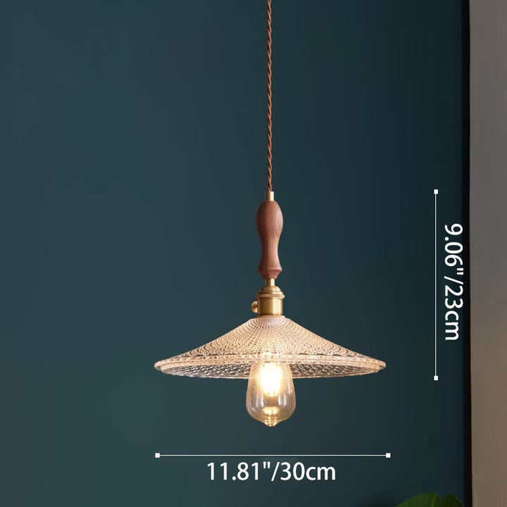 Suspension 1 lumière avec abat-jour en verre, cadre en bois massif et cône rond en laiton traditionnel japonais pour salon 