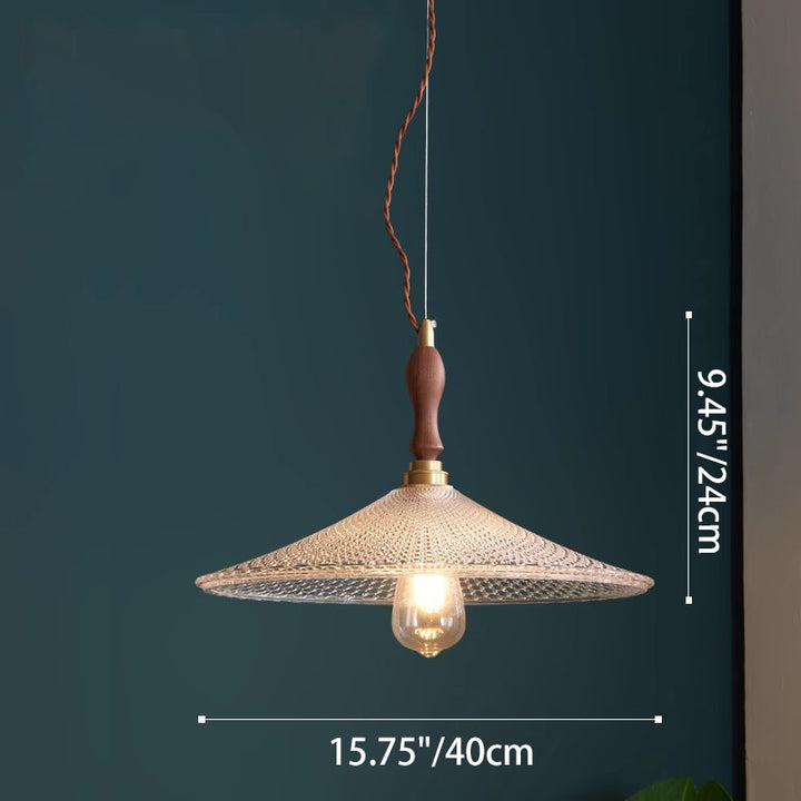 Suspension 1 lumière avec abat-jour en verre, cadre en bois massif et cône rond en laiton traditionnel japonais pour salon 