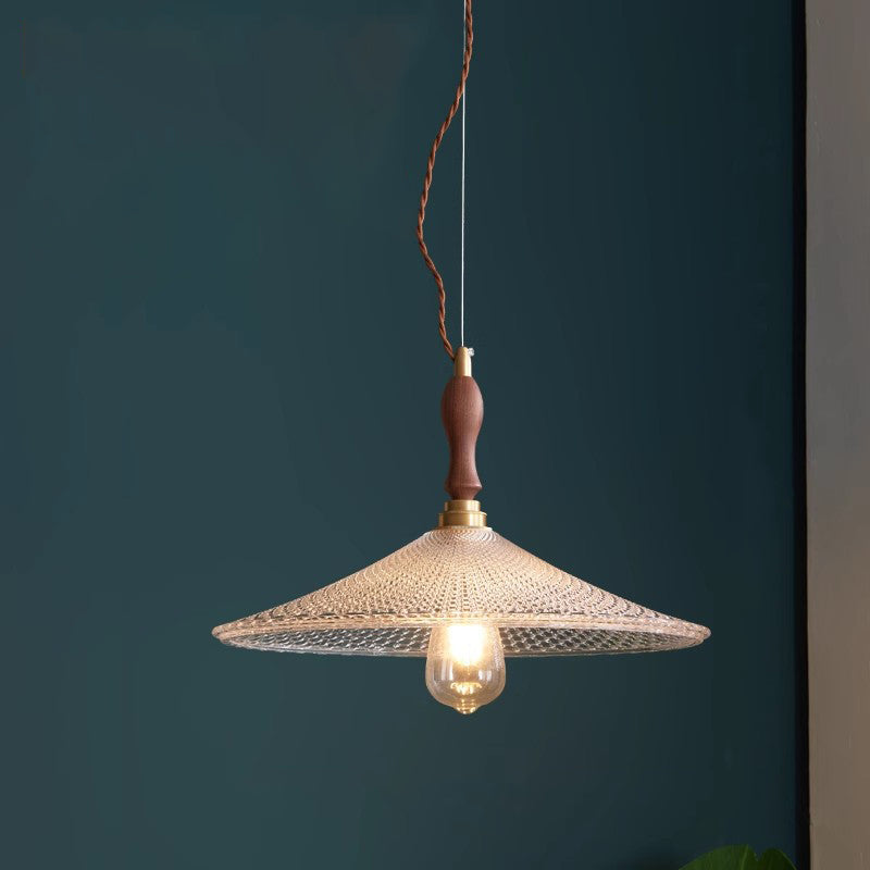Suspension 1 lumière avec abat-jour en verre, cadre en bois massif et cône rond en laiton traditionnel japonais pour salon 