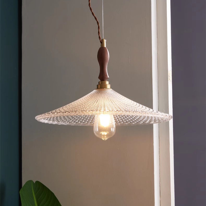 Suspension 1 lumière avec abat-jour en verre, cadre en bois massif et cône rond en laiton traditionnel japonais pour salon 