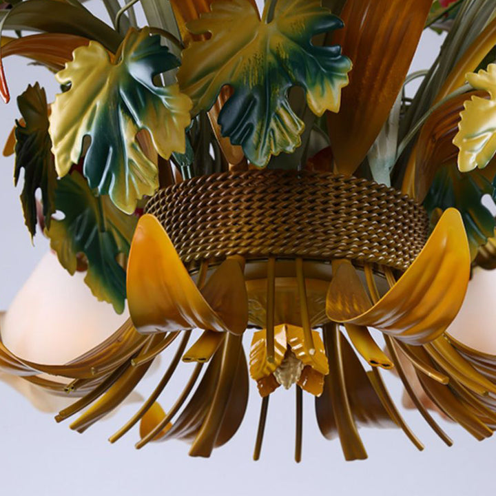 Traditionelle Französische Zweig-Simulation Blumenstrauß Rose Eisenrahmen Glasschirm 3/5/8 Licht Kronleuchter für Wohnzimmer 