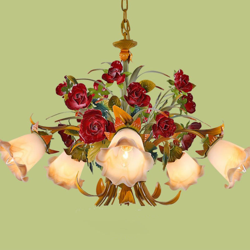 Traditional French Branch Simulation Flower Bouquet Rose Iron Frame Glass Shade 3/5/8 Light Chandelier For Living Room