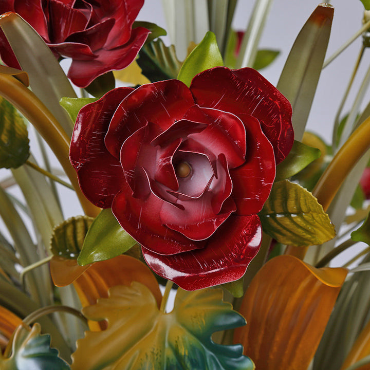 Traditionelle Französische Zweig-Simulation Blumenstrauß Rose Eisenrahmen Glasschirm 3/5/8 Licht Kronleuchter für Wohnzimmer 