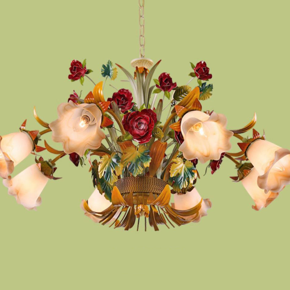 Traditionelle Französische Zweig-Simulation Blumenstrauß Rose Eisenrahmen Glasschirm 3/5/8 Licht Kronleuchter für Wohnzimmer 