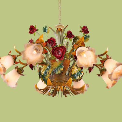 Traditional French Branch Simulation Flower Bouquet Rose Iron Frame Glass Shade 3/5/8 Light Chandelier For Living Room