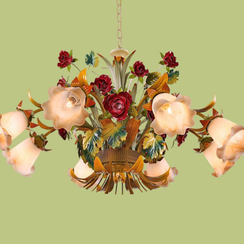 Traditional French Branch Simulation Flower Bouquet Rose Iron Frame Glass Shade 3/5/8 Light Chandelier For Living Room