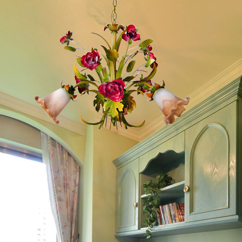 Traditional French Branch Simulation Flower Bouquet Rose Iron Frame Glass Shade 3/5/8 Light Chandelier For Living Room