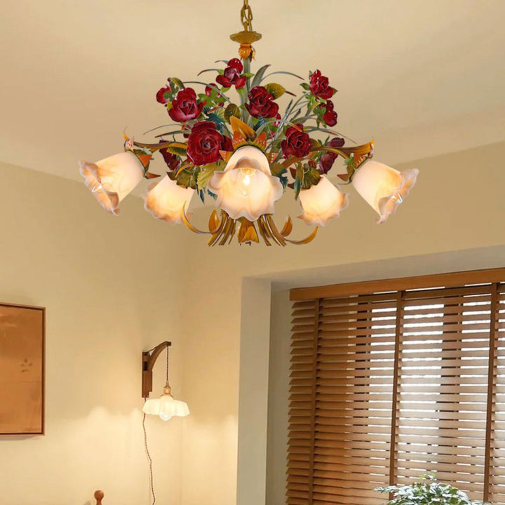 Traditionelle Französische Zweig-Simulation Blumenstrauß Rose Eisenrahmen Glasschirm 3/5/8 Licht Kronleuchter für Wohnzimmer 