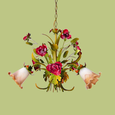 Traditional French Branch Simulation Flower Bouquet Rose Iron Frame Glass Shade 3/5/8 Light Chandelier For Living Room
