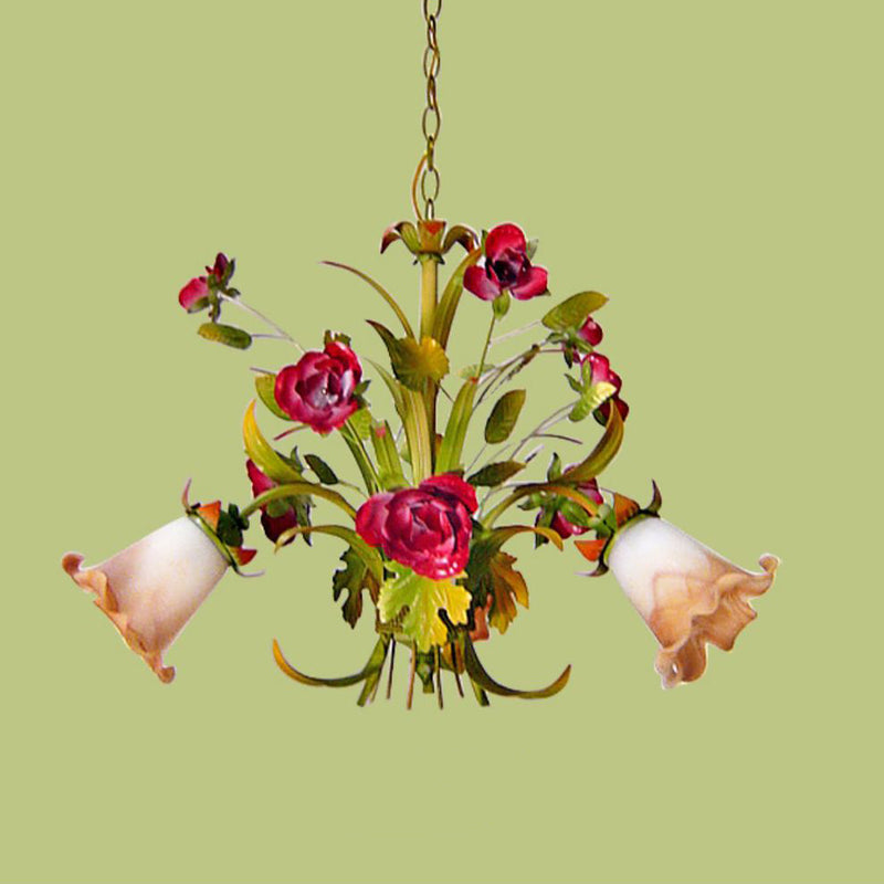 Traditional French Branch Simulation Flower Bouquet Rose Iron Frame Glass Shade 3/5/8 Light Chandelier For Living Room