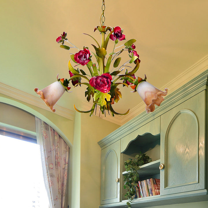 Traditionelle Französische Zweig-Simulation Blumenstrauß Rose Eisenrahmen Glasschirm 3/5/8 Licht Kronleuchter für Wohnzimmer 