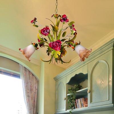 Traditional French Branch Simulation Flower Bouquet Rose Iron Frame Glass Shade 3/5/8 Light Chandelier For Living Room