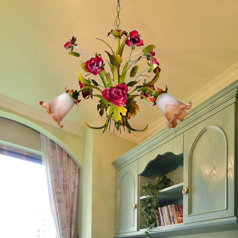 Traditional French Branch Simulation Flower Bouquet Rose Iron Frame Glass Shade 3/5/8 Light Chandelier For Living Room