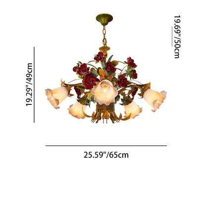 Traditional French Branch Simulation Flower Bouquet Rose Iron Frame Glass Shade 3/5/8 Light Chandelier For Living Room