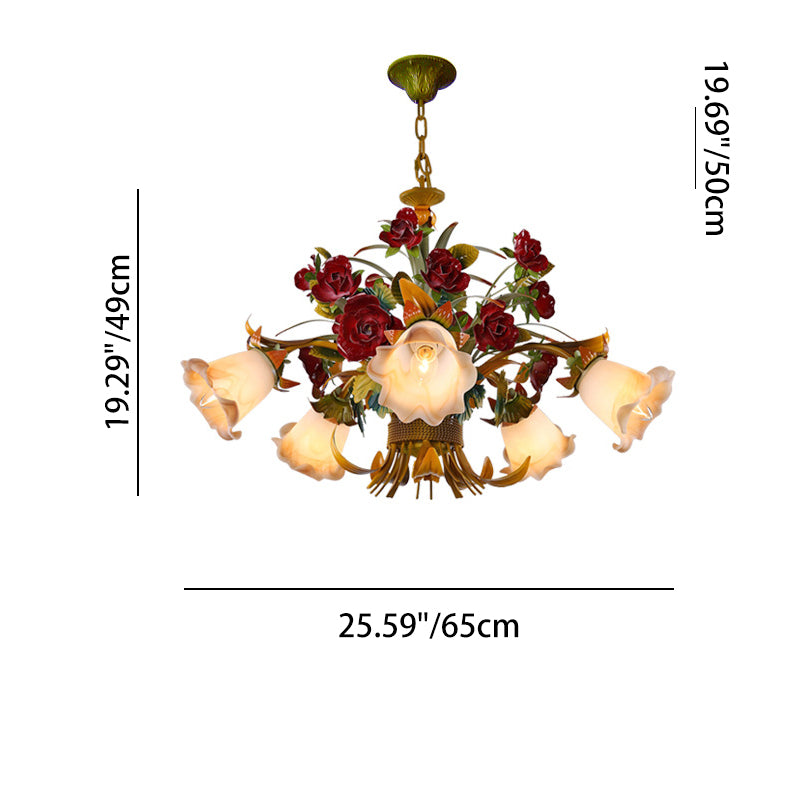 Traditional French Branch Simulation Flower Bouquet Rose Iron Frame Glass Shade 3/5/8 Light Chandelier For Living Room