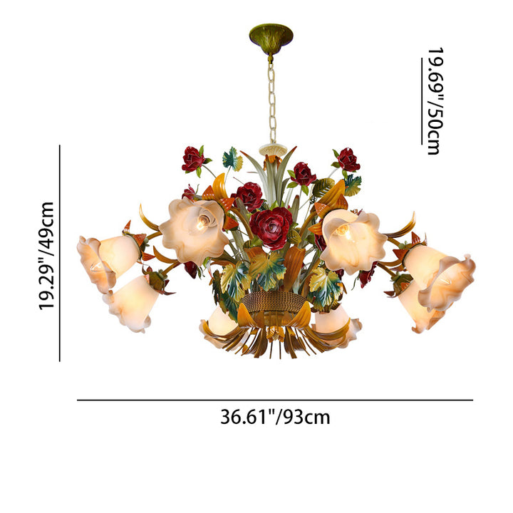 Traditionelle Französische Zweig-Simulation Blumenstrauß Rose Eisenrahmen Glasschirm 3/5/8 Licht Kronleuchter für Wohnzimmer 