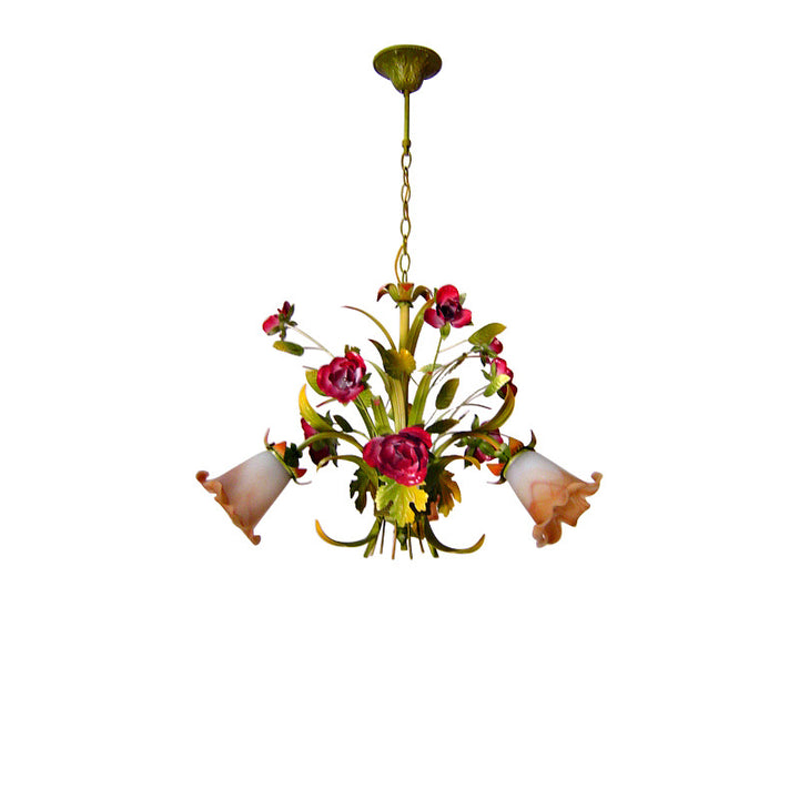 Traditionelle Französische Zweig-Simulation Blumenstrauß Rose Eisenrahmen Glasschirm 3/5/8 Licht Kronleuchter für Wohnzimmer 