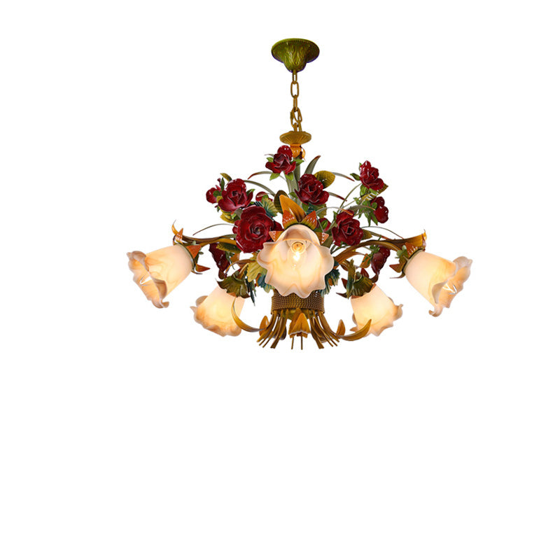 Traditional French Branch Simulation Flower Bouquet Rose Iron Frame Glass Shade 3/5/8 Light Chandelier For Living Room