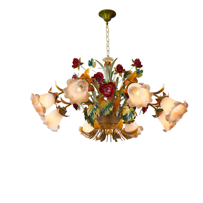 Traditional French Branch Simulation Flower Bouquet Rose Iron Frame Glass Shade 3/5/8 Light Chandelier For Living Room