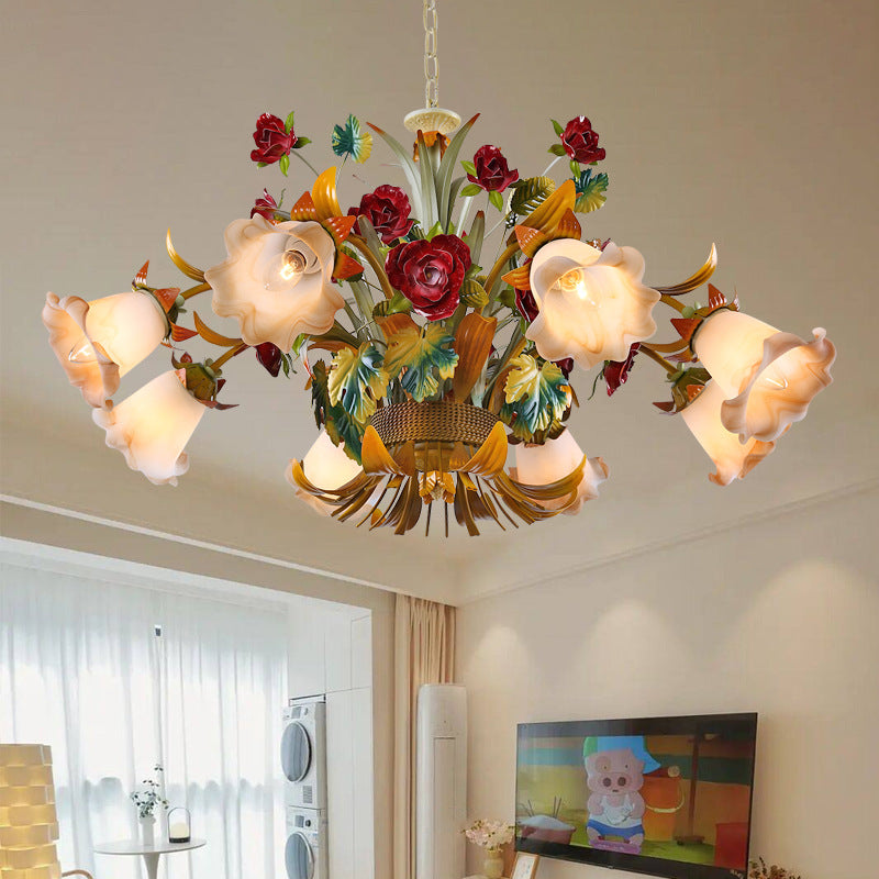 Traditional French Branch Simulation Flower Bouquet Rose Iron Frame Glass Shade 3/5/8 Light Chandelier For Living Room