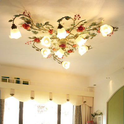 Traditional French Branch Simulation Rose Flower Glass Shade Iron Frame 9-Light Flush Mount Ceiling Light For Living Room