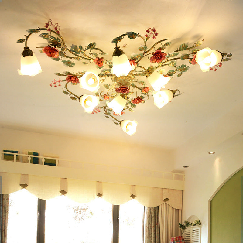 Traditional French Branch Simulation Rose Flower Glass Shade Iron Frame 9-Light Flush Mount Ceiling Light For Living Room