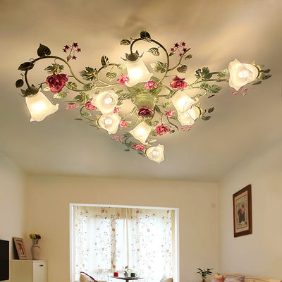Traditional French Branch Simulation Rose Flower Glass Shade Iron Frame 9-Light Flush Mount Ceiling Light For Living Room