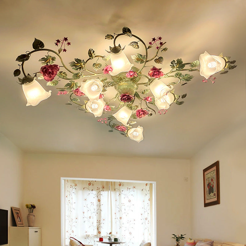 Traditional French Branch Simulation Rose Flower Glass Shade Iron Frame 9-Light Flush Mount Ceiling Light For Living Room