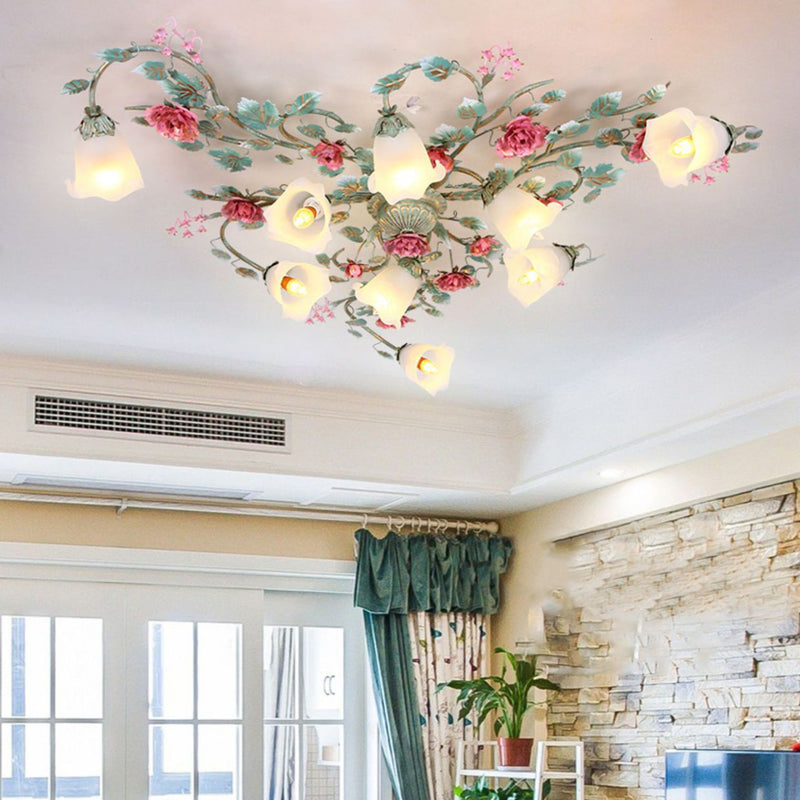 Traditional French Branch Simulation Rose Flower Glass Shade Iron Frame 9-Light Flush Mount Ceiling Light For Living Room