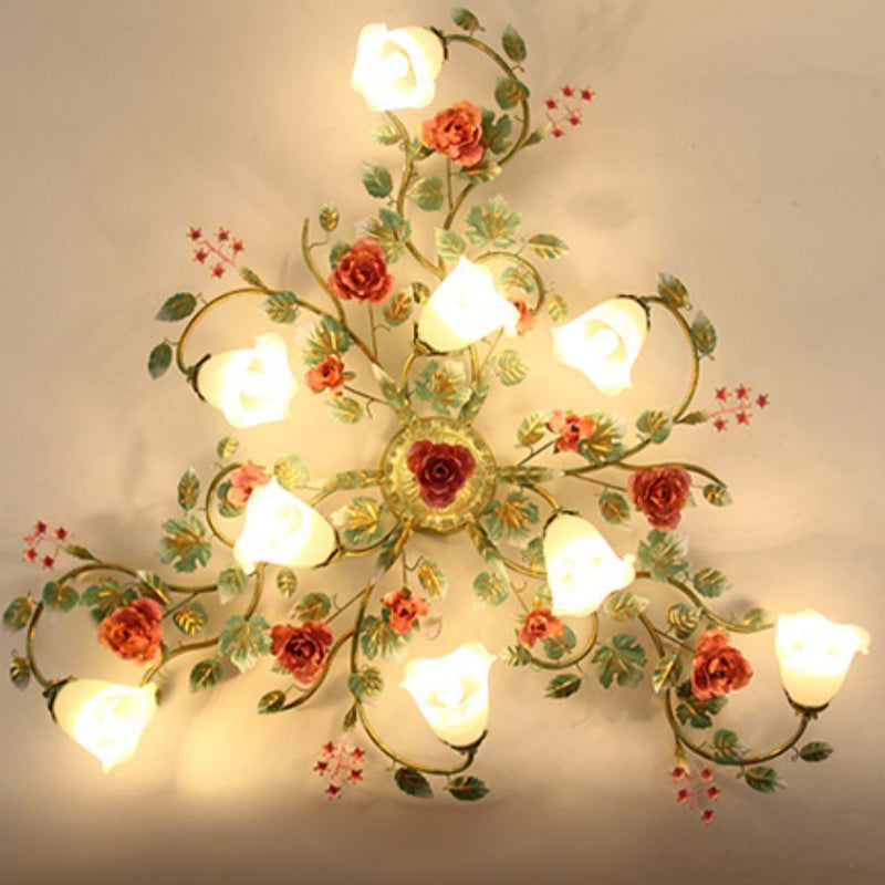 Traditional French Branch Simulation Rose Flower Glass Shade Iron Frame 9-Light Flush Mount Ceiling Light For Living Room