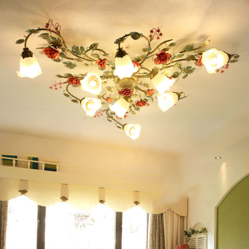 Traditional French Branch Simulation Rose Flower Glass Shade Iron Frame 9-Light Flush Mount Ceiling Light For Living Room