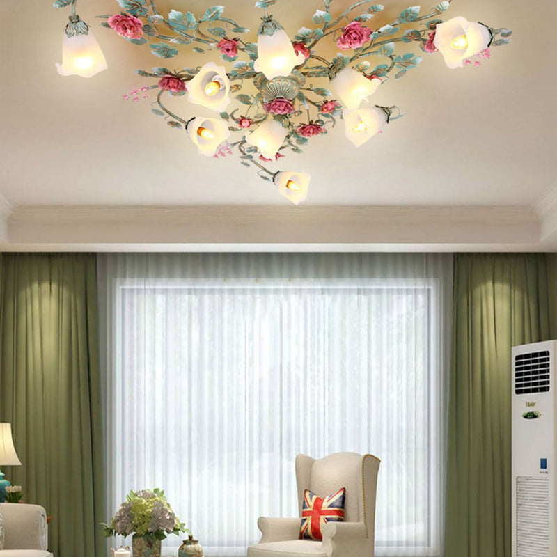 Traditional French Branch Simulation Rose Flower Glass Shade Iron Frame 9-Light Flush Mount Ceiling Light For Living Room