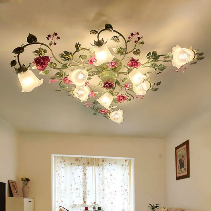 Traditionelle französische Zweig-Simulation Rosenglas Lampenschirm Eisenrahmen 9-Licht Deckenleuchte für Wohnzimmer 