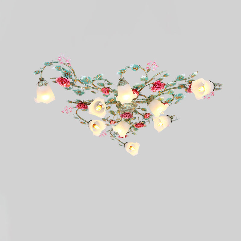 Traditional French Branch Simulation Rose Flower Glass Shade Iron Frame 9-Light Flush Mount Ceiling Light For Living Room