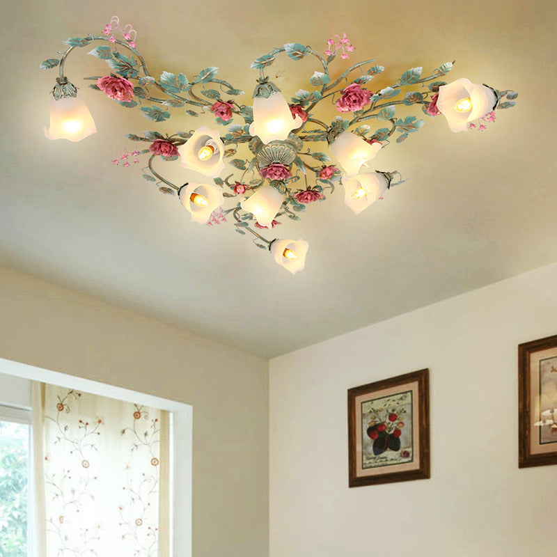 Traditional French Branch Simulation Rose Flower Glass Shade Iron Frame 9-Light Flush Mount Ceiling Light For Living Room