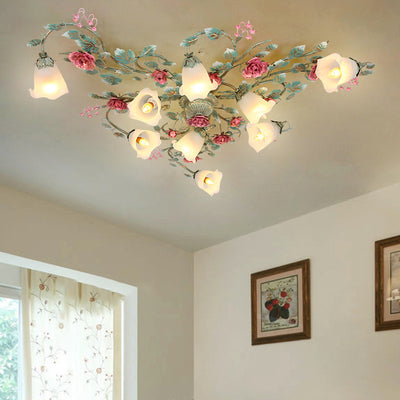 Traditional French Branch Simulation Rose Flower Glass Shade Iron Frame 9-Light Flush Mount Ceiling Light For Living Room