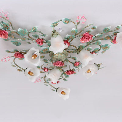 Traditional French Branch Simulation Rose Flower Glass Shade Iron Frame 9-Light Flush Mount Ceiling Light For Living Room