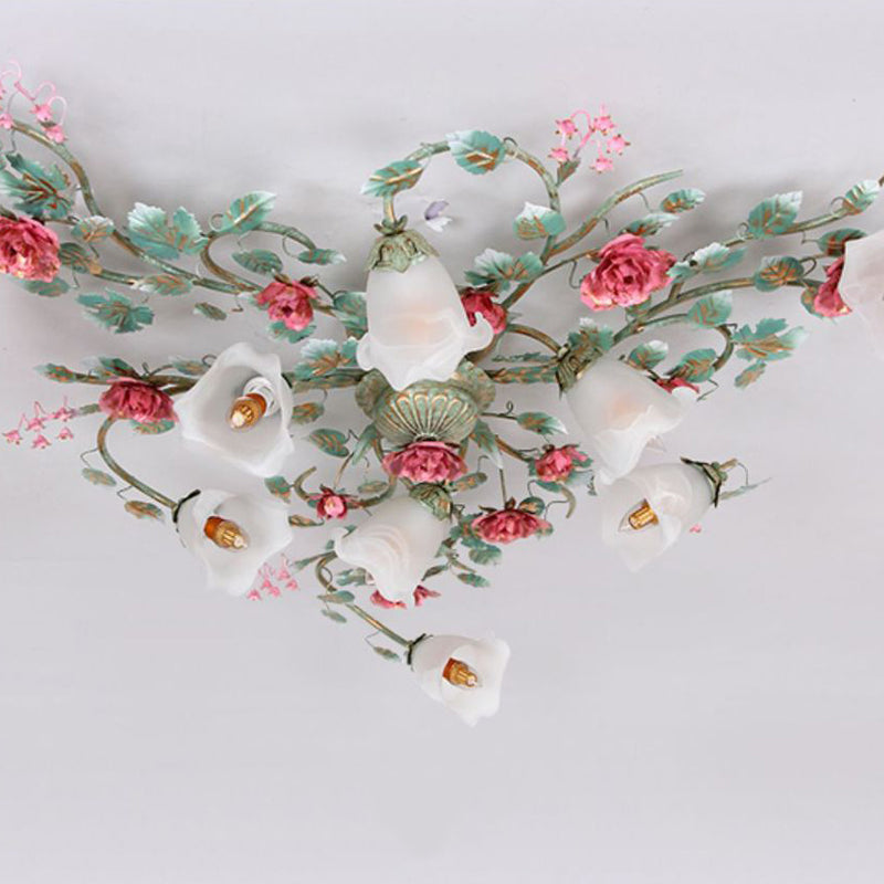 Traditional French Branch Simulation Rose Flower Glass Shade Iron Frame 9-Light Flush Mount Ceiling Light For Living Room