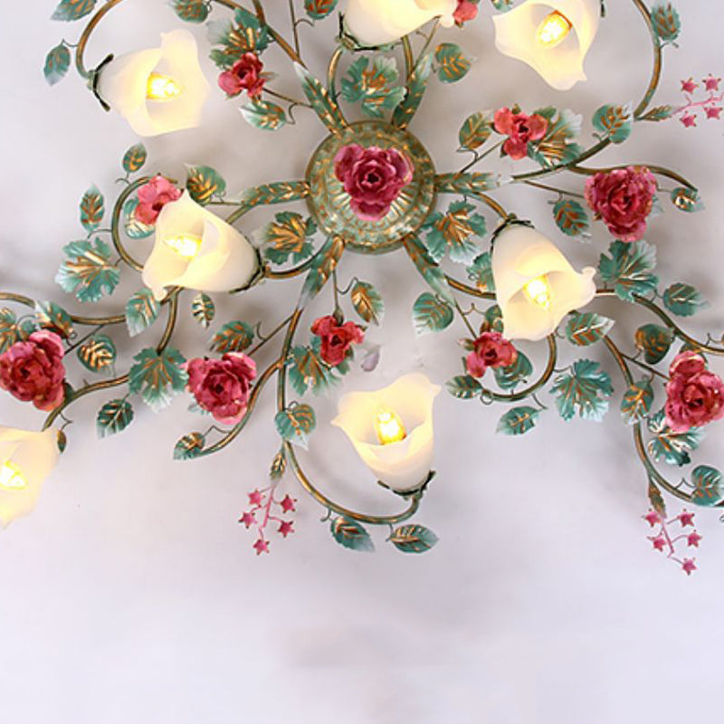 Traditional French Branch Simulation Rose Flower Glass Shade Iron Frame 9-Light Flush Mount Ceiling Light For Living Room