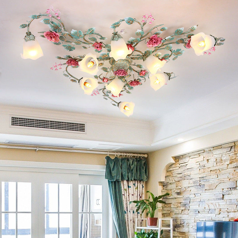 Traditional French Branch Simulation Rose Flower Glass Shade Iron Frame 9-Light Flush Mount Ceiling Light For Living Room