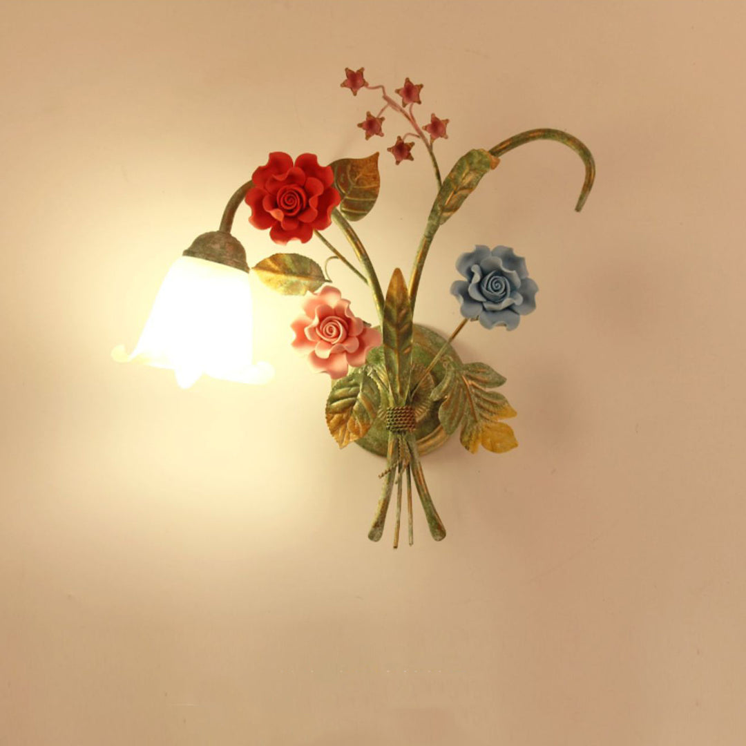 Applique Murale Traditionnelle Rustique Faux Fleurs Cadre en Fer Abat-jour en Verre 1/2 Lumière Pour Chambre 