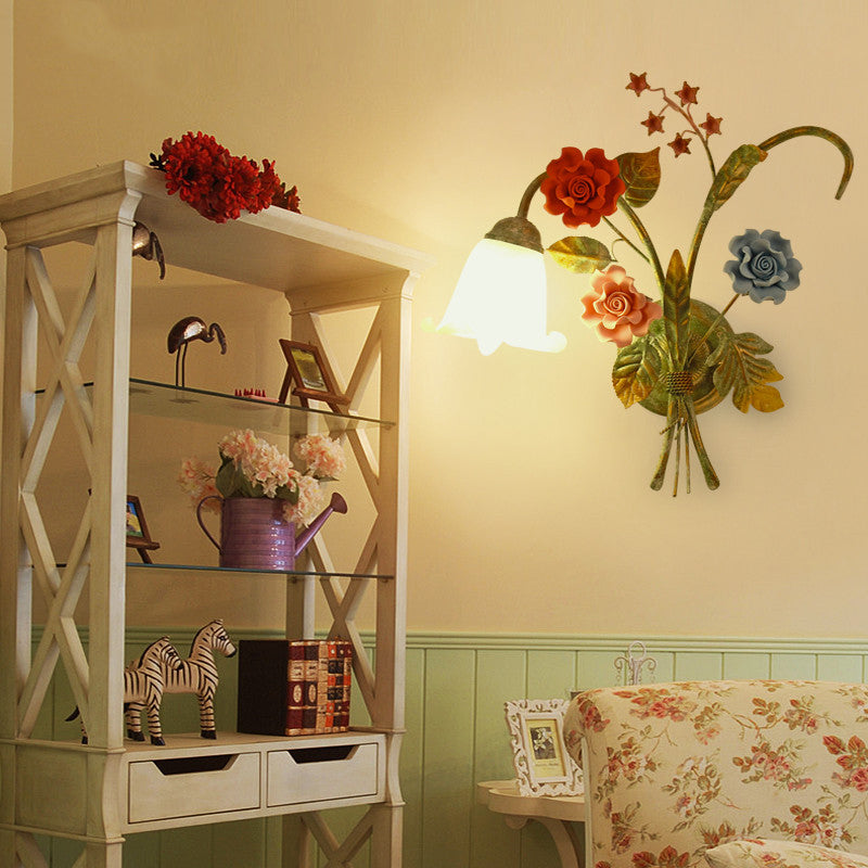 Traditional Rustic Faux Flower Iron Frame Glass Shade 1/2 Light Wall Sconce Lamp For Bedroom