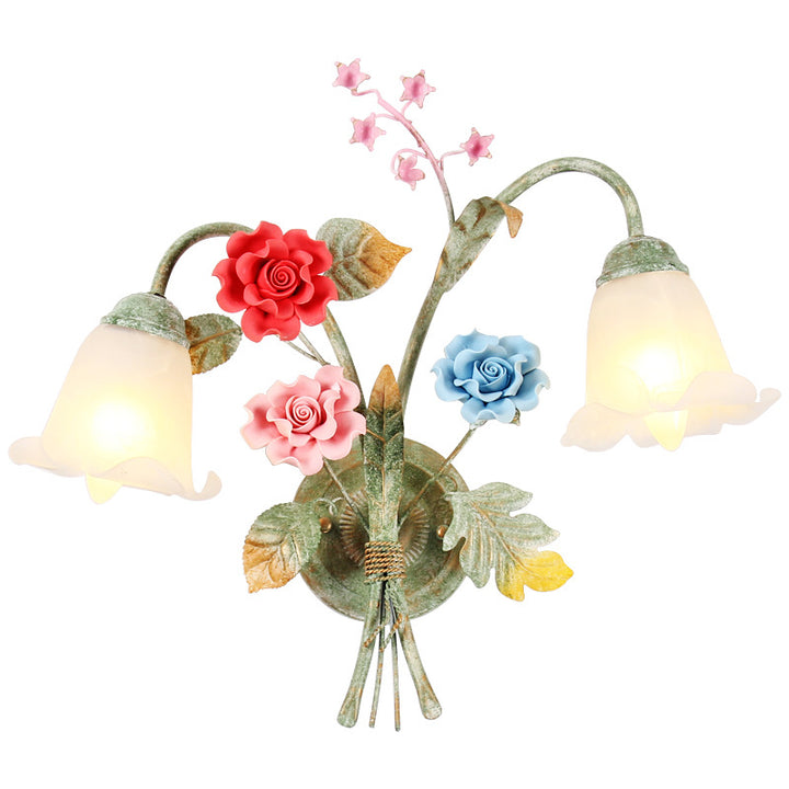 Applique Murale Traditionnelle Rustique Faux Fleurs Cadre en Fer Abat-jour en Verre 1/2 Lumière Pour Chambre 