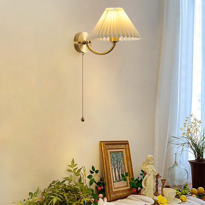 Modern Minimalist Round Cone Curved Rod Fabric Shade Full Copper Frame 1-Light Wall Sconce Lamp For Living Room