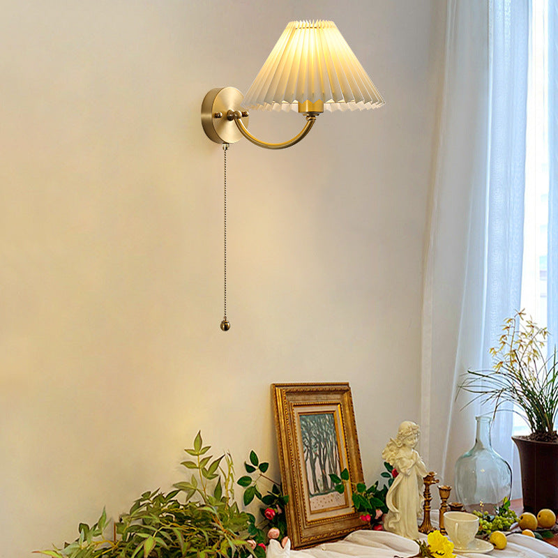 Modern Minimalist Round Cone Curved Rod Fabric Shade Full Copper Frame 1-Light Wall Sconce Lamp For Living Room